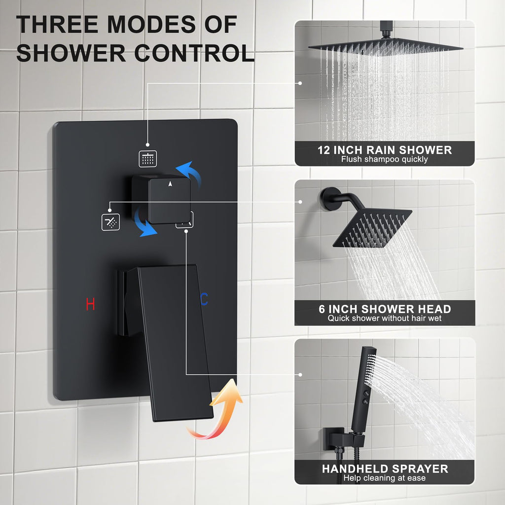 Rain Shower System 12"&6" Shower Heads Ceiling Shower Faucet Set