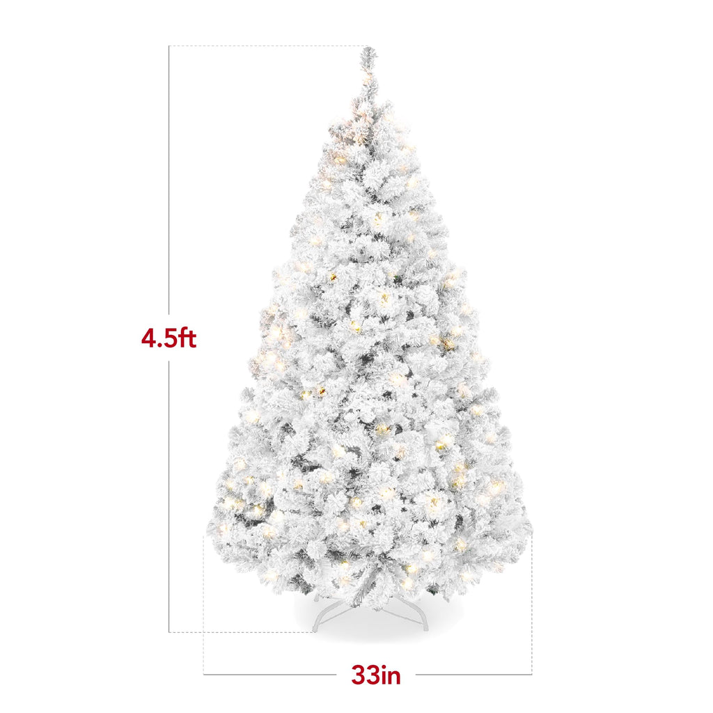 Pre-Lit White Christmas Tree, 4.5ft Artificial Snow Flocked Full Fir Tree, Holiday Decoration w/ 200 Lights, 400