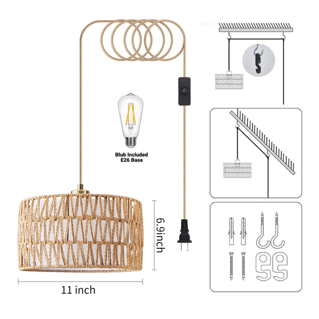 Plug in Pendant Light Rattan Hanging Lights with Plug in Cord