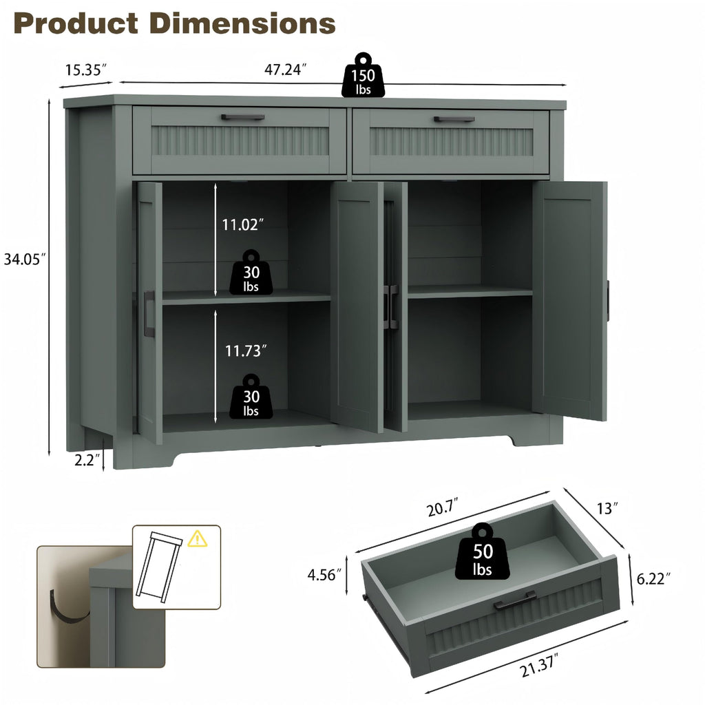 Buffet Cabinet with 2 Storage Drawers, Farmhouse Coffee Bar Table with Storage and Adjustable Shelf, 47.2" Wide