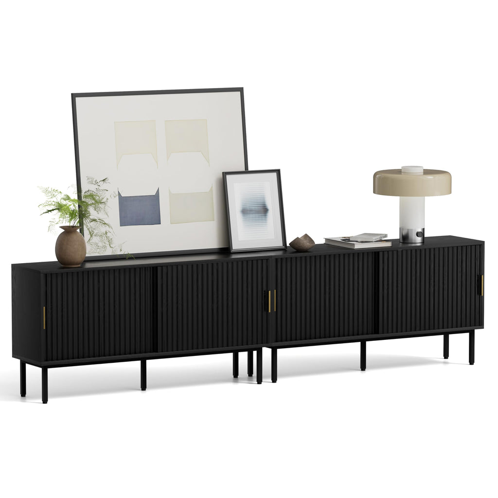 TV Stands Set of 2 Farmhouse Entertainment Center with Fluted Sliding Doors TV Console Cabinet with Adjustable Shelf