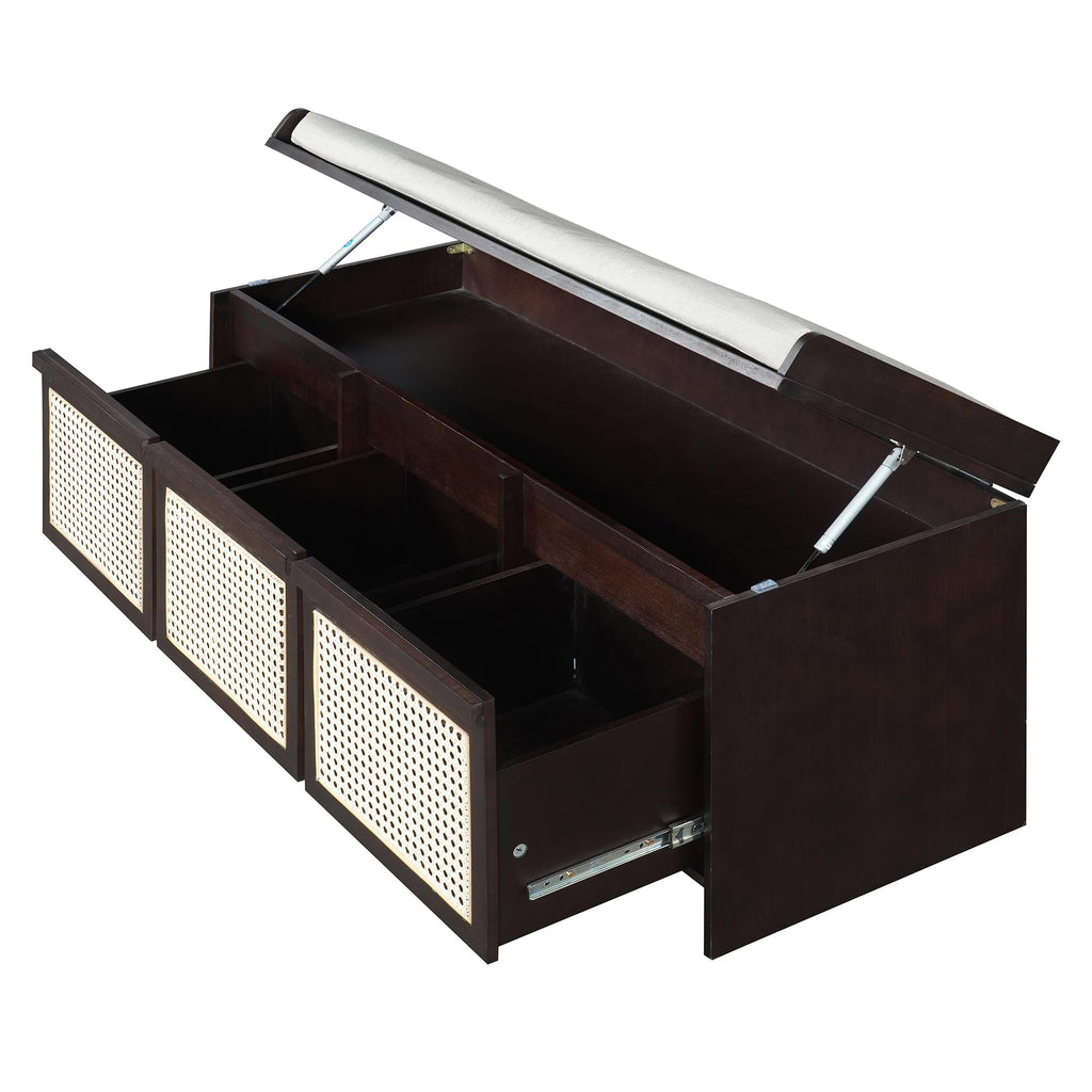 48" Shoe Storage Bench with Cushion, 2-Tier Entryway Bench with 3 Rattan Storage Drawers & Lift Top Storage, Retro