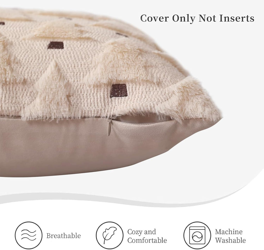 Christmas Throw Pillow Covers 18x18 inch, Beige Xmas Tree Holiday Winter Living Room Soft Fluffy Plush Faux - Set of 4