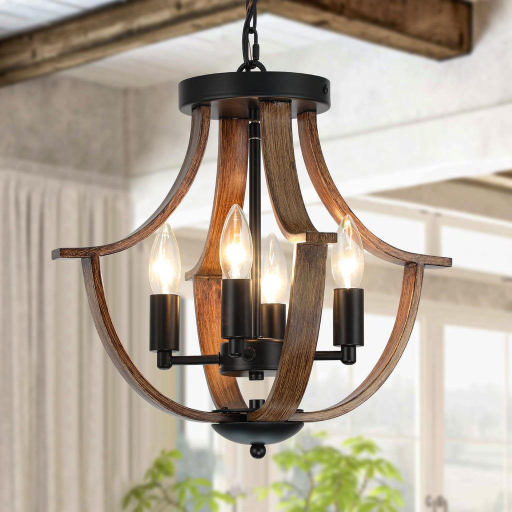 Farmhouse Hanging Pendant Lighting, 4-Light Rustic Flush Mount Ceiling Light Fixture,Modern Faux Wood Vintage
