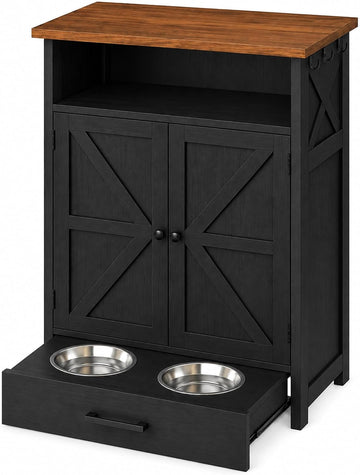 23.6-Inch Dog Feeding Station with Storage, Raised 2-Bowl Cabinet (Black)