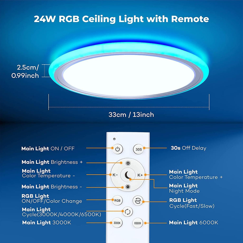 RGB Led Flush Mount Ceiling Light with Remote Control, 13Inch 24W 2400LM 3000K-6500K Dimmable Color Changing Wired