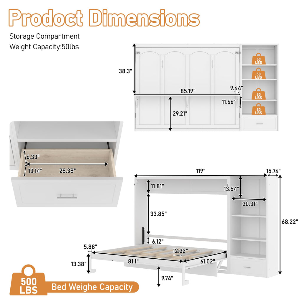 Queen Size Murphy Bed with Height Adjustable Storage Compartments and Shelf, Wall Bed Frame with 1 Drawer, Foldable