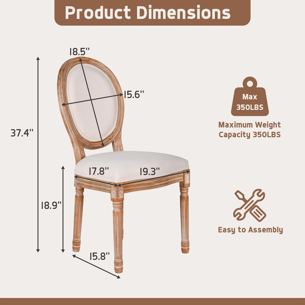 Dining Chairs Set of 2 Beige Fabric Round Back with Solid Wood Legs and Frame for French Country Kitchen Dining Room