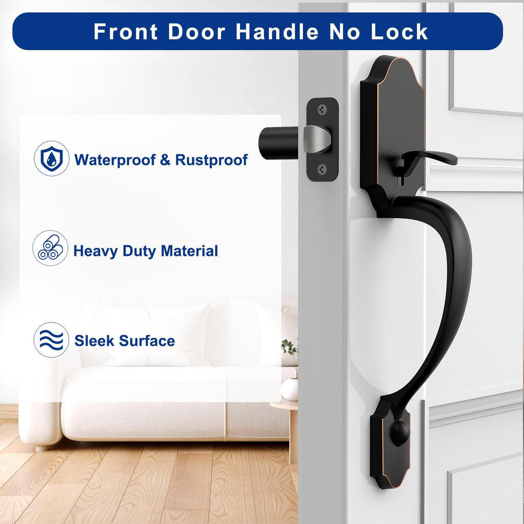 Front Door Handle No Lock, Oil-Rubbed Bronze Entry Door Lock Set with Reversible Handle, Exterior Door Lock Set