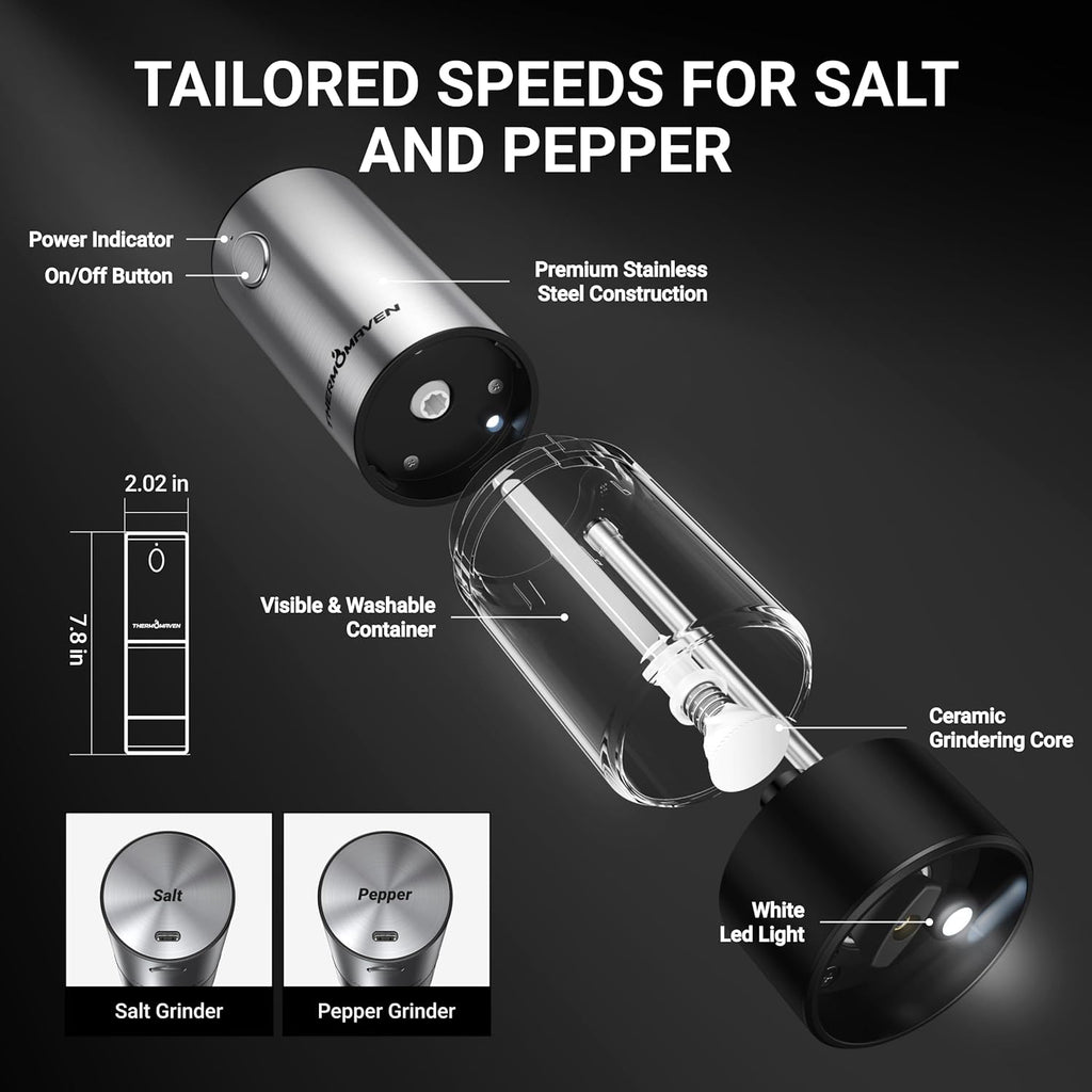 Electric Salt and Pepper Grinder Set, 110ml Larger Rechargeable Automatic Salt and Pepper Mill Grinder with 6 - Set of 2