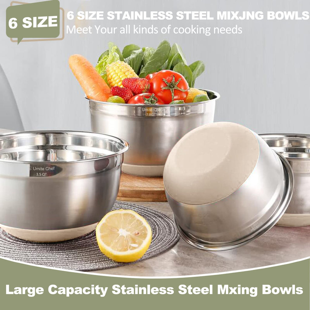 Mixing Bowls with Airtight Lids, 6 piece Stainless Steel Metal Nesting Storage Bowls, Non-Slip Bottoms Size 7, 3.5