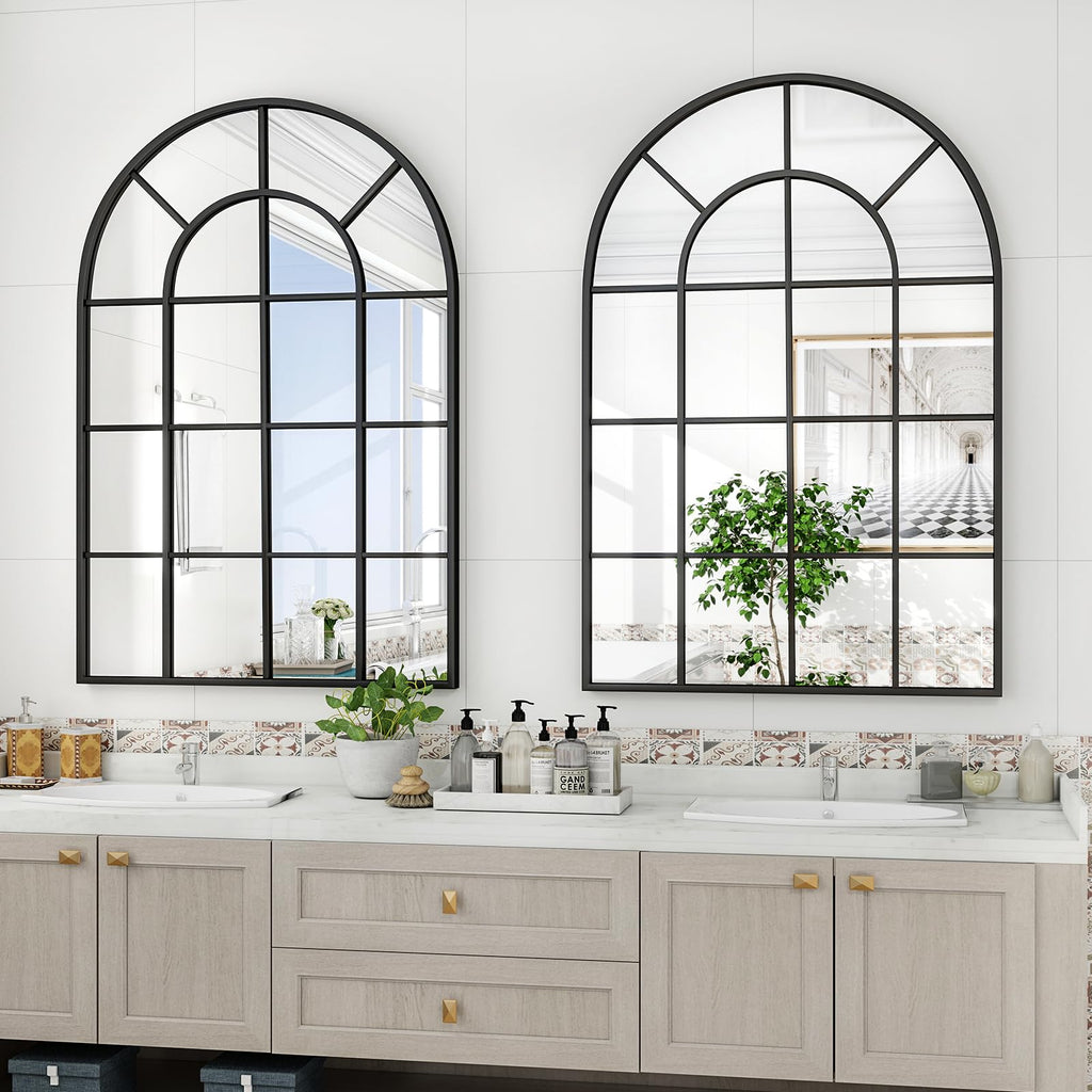 30"x 40" Windowpane Arched Wall Mirror with Metal Frame, Black