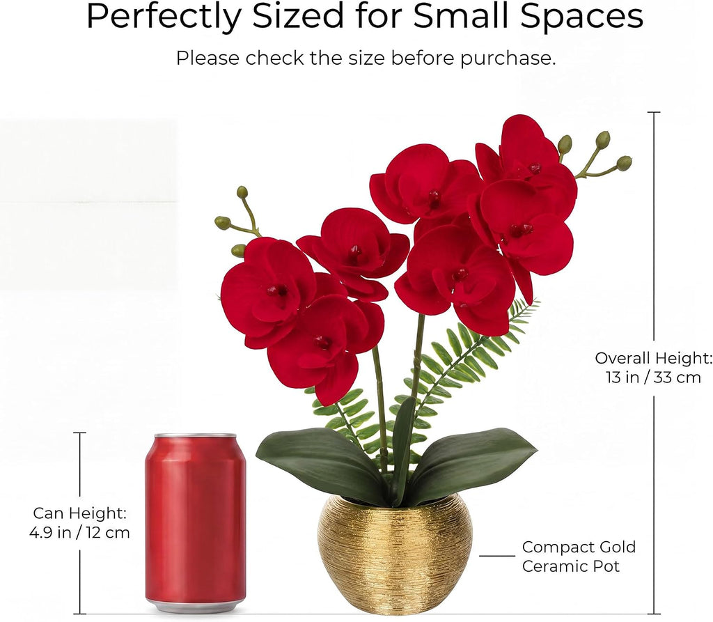 13" Small Artificial Orchid Flowers in Gold Ceramic Pot, Red Faux Phalaenopsis Silk Orchid Arrangement Vanity Bedroom