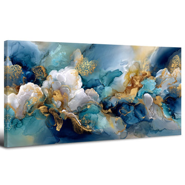 Teal Wall Art Turquoise Abstract Wall Decor Blue and Gold Canvas Pictures Modern Marble Ink Textured Painting Poster