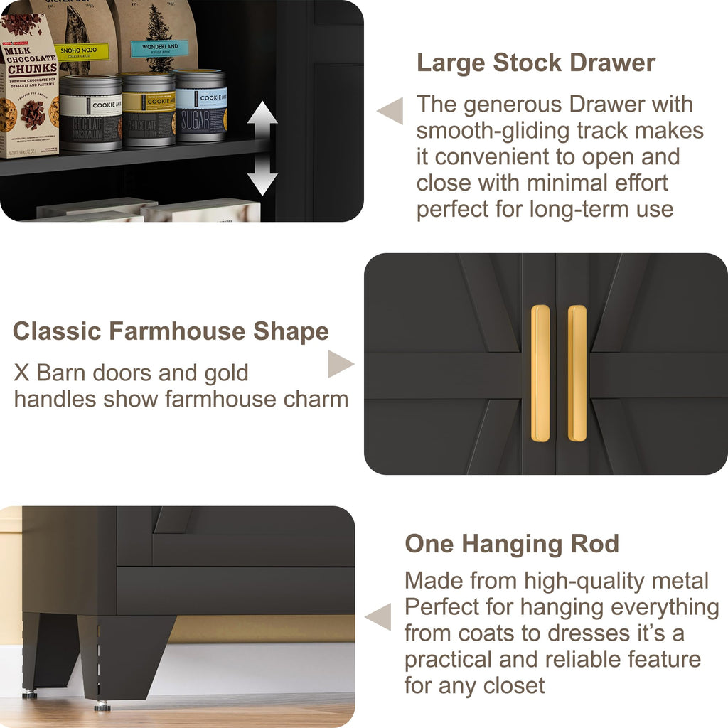 Metal Wardrobe Cabinet with Hanging Rod, Large 71" Armoire Wardrobe Closet with Adjustable Shelves and Doors, Farmhouse