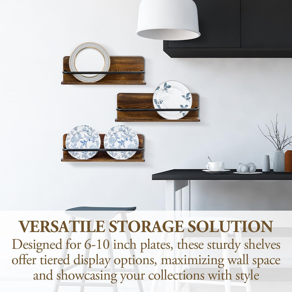 Plate Wall Hangers for Display, Set of 3 Wall Mounted Plate Rack for 6 to 10 Inch Plates, Decorative Wood Stand Shelf