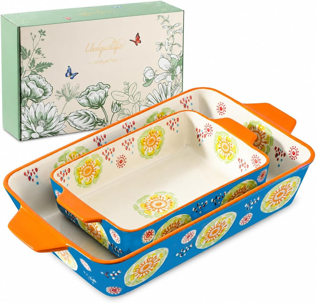 Ceramic Dish Set, 2-Piece Stoneware Casserole Dishes for Oven, 3.4QT & 1.5QT Deep Lasagna Bakeware with Handles