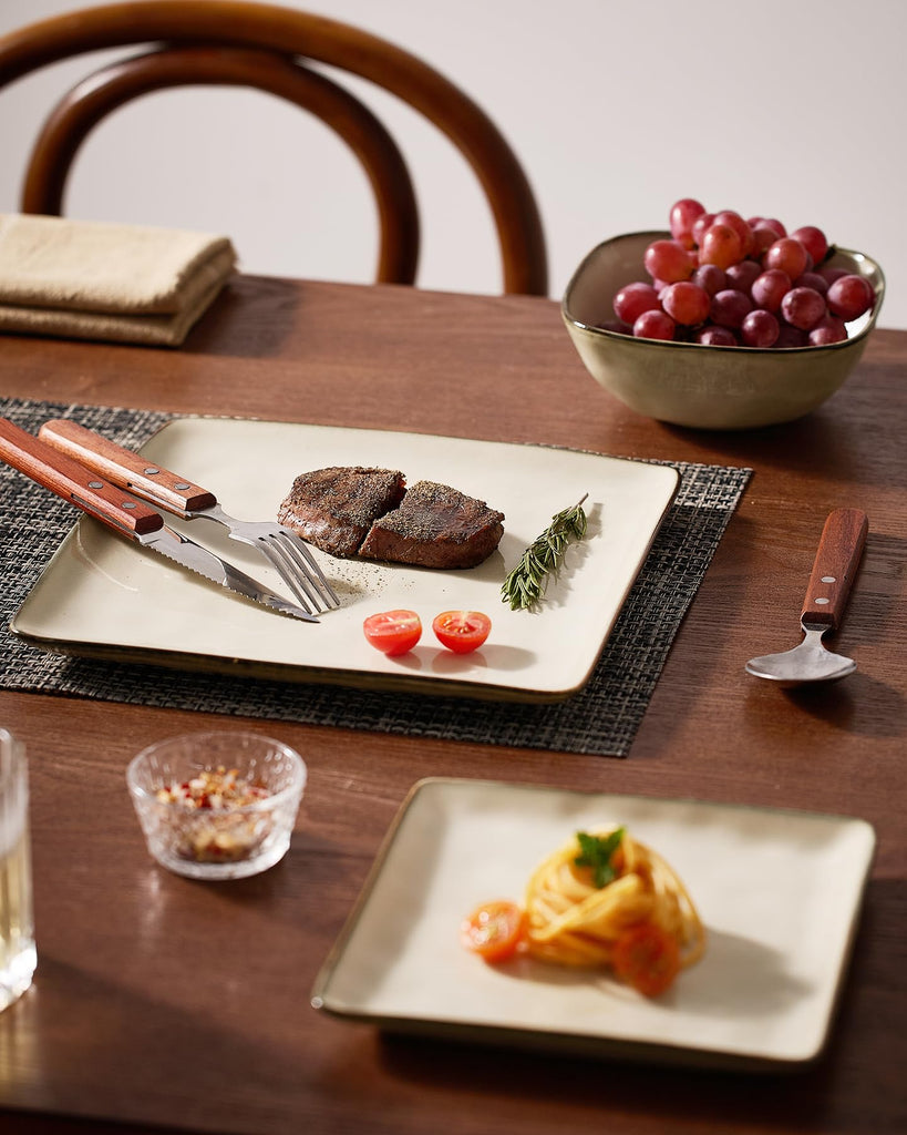 Square Ceramic Dinnerware Set for 4, Plates and Bowls, Light khaki