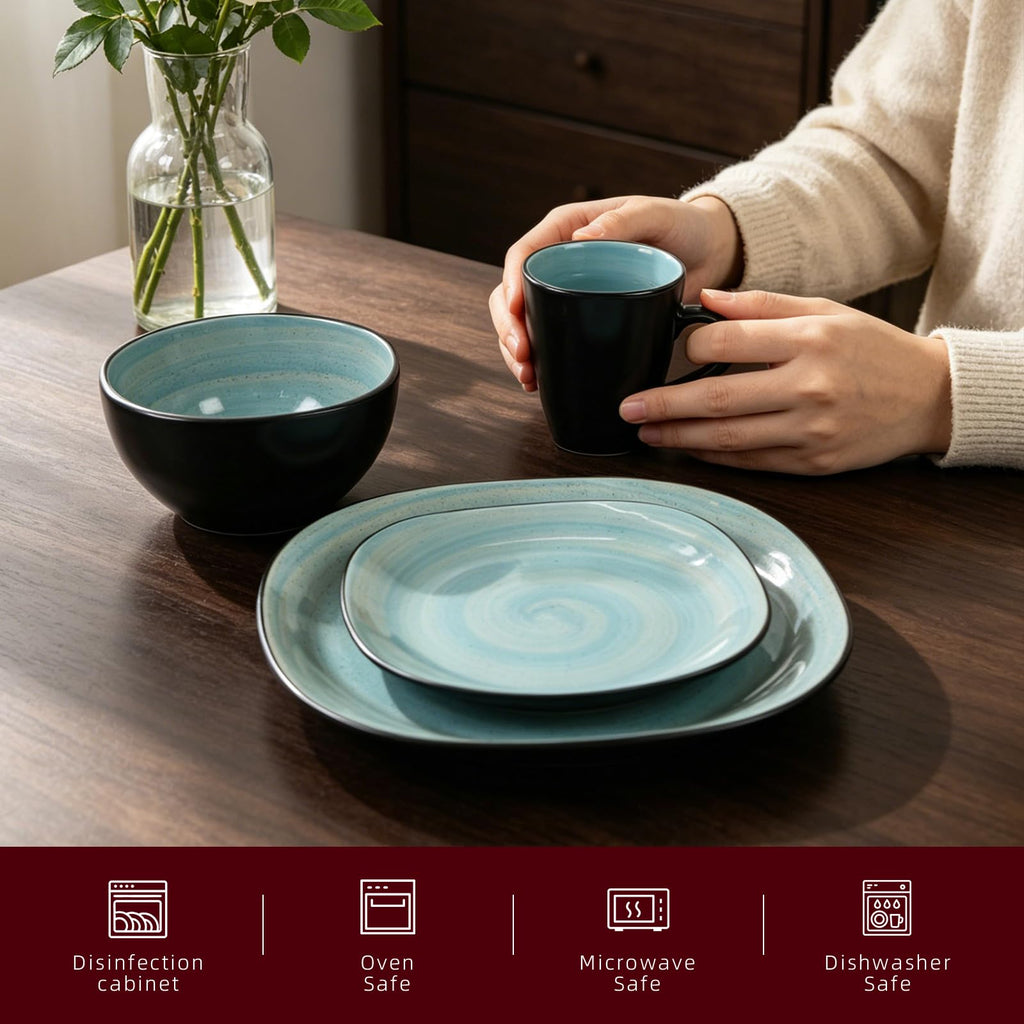 Stoneware Square 16pc Dinnerware Set, Inside Spinwaseh Swirl Turquoise + Outside Black