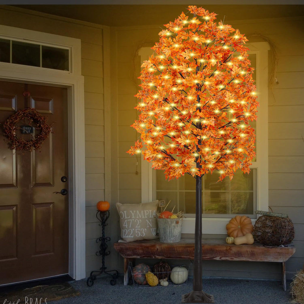 8FT 210 LED Lighted Maple Tree - Thanksgiving Decor Artificial Fall Tree with 21 Branches, 21 Acorns 420 Leaves