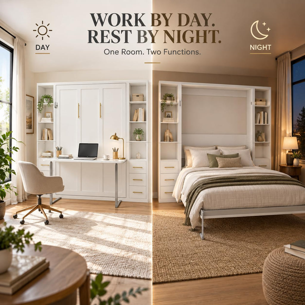 Murphy Bed with Desk Queen Foldable Wall Bed with Side Storage Cabinets