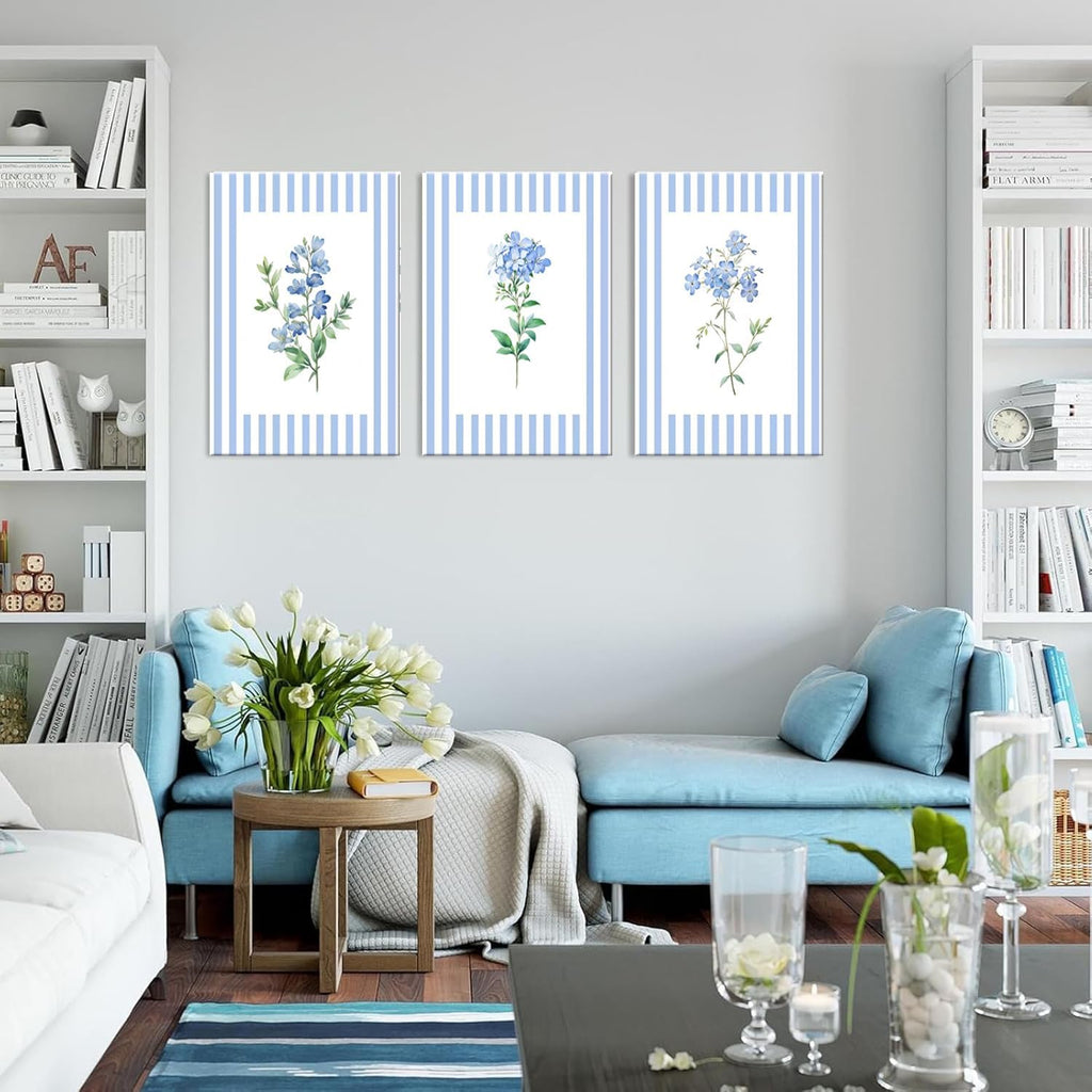 Rustic Blue and White Striped Canvas Floral Wall Art Prints Set of 3, Retro Cottagecore Botanical Flower Posters