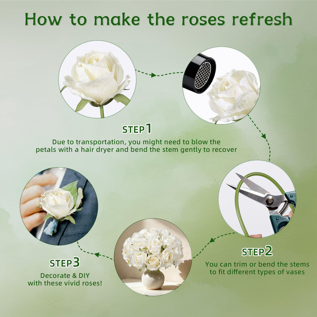 18pcs White Roses Artificial Flowers, Fake Roses Silk Flowers with Stems Realistic Bouquet for Wedding Party DIY