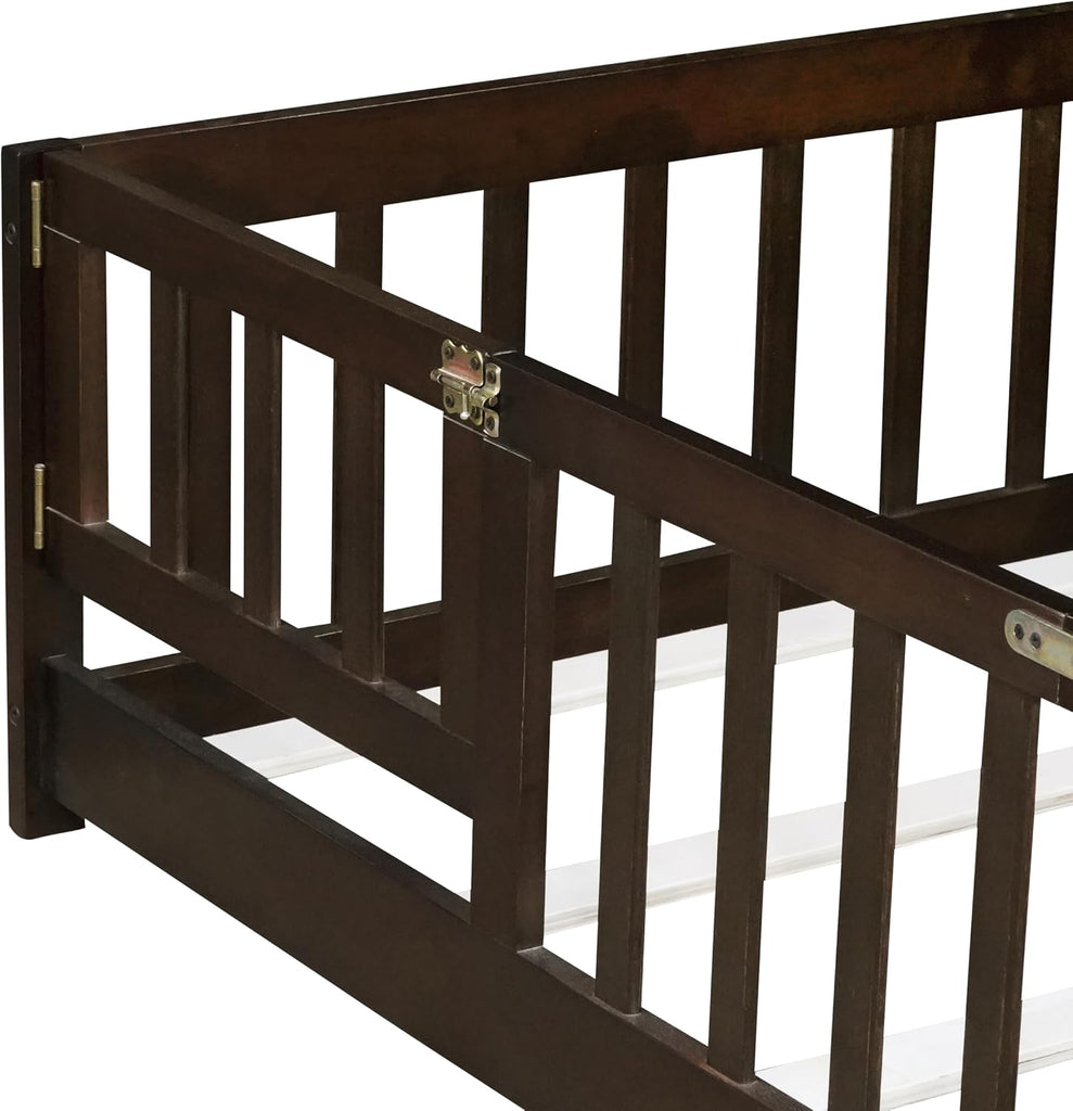 Twin Floor Bed with Fence & Slats, Rubber Wood Montessori Floor Bed Frame with Full-Length Guardrails & Removable