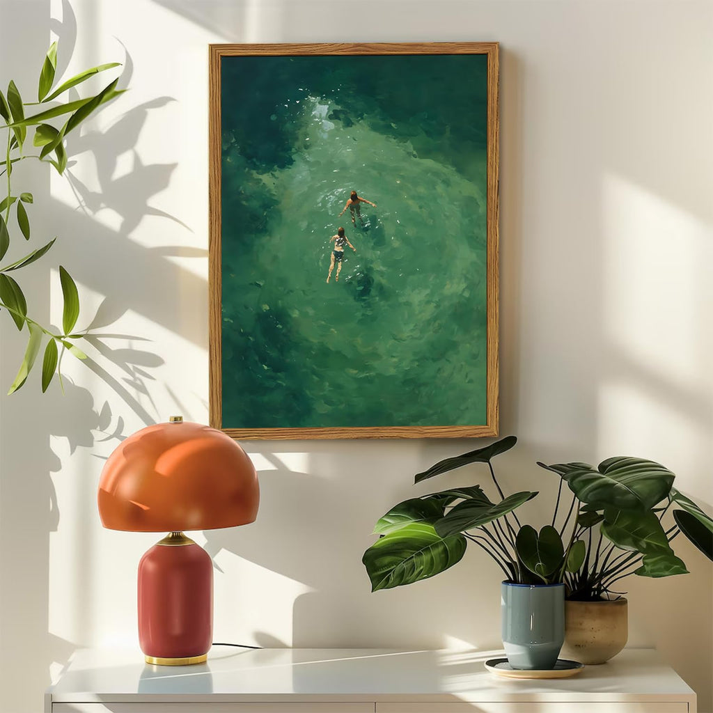 Framed Tiny People Swimming Canvas Wall Art, Minimalist Green Water Pictures Wall Decor, Abstract Summer Beach