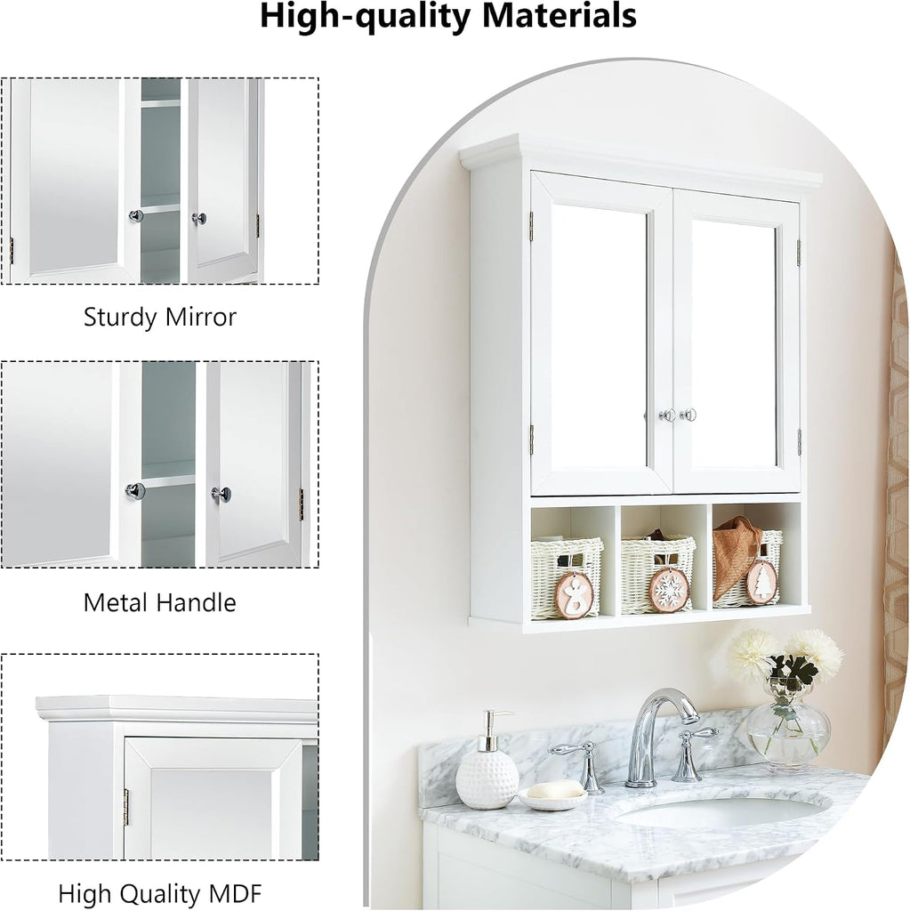 Medicine Cabinet, Bathroom Organiser, Wall Mounted Bathroom Cabinet with Mirror with 2 Adjustable Shelves and 3