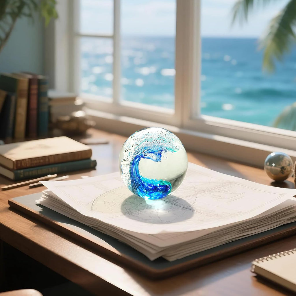 Hand Blown Ocean Wave Glass Paperweight - Blue Sea Glass Art for Beach Home Decor, Unique Gift for Ocean Lovers