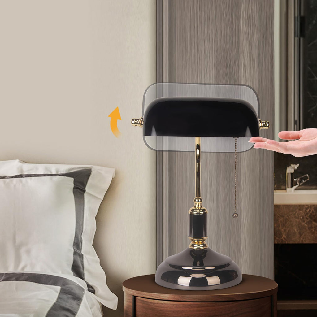 Bankers Desk Lamp with Pull Chain Switch Plug in Fixture, Black Glass Shade Desk Lamps, Golden and Black E26 Base