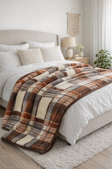Bedding Blanket/Checked Throw Wool, Warm & Natural Big Blanket 98" x 79" Woolmark