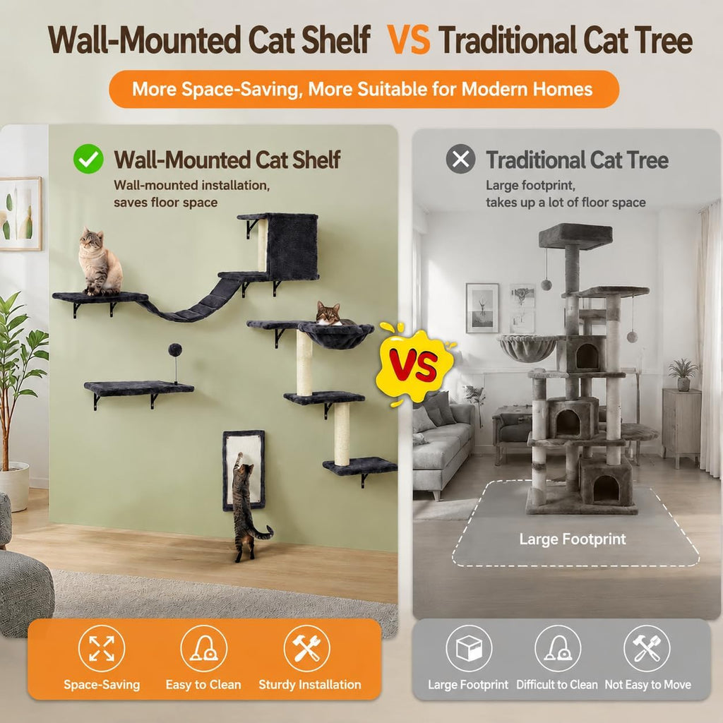 Cat Wall Shelves, Space-Saving Wall-Mounted Cat Climbing Set for Large Cats
