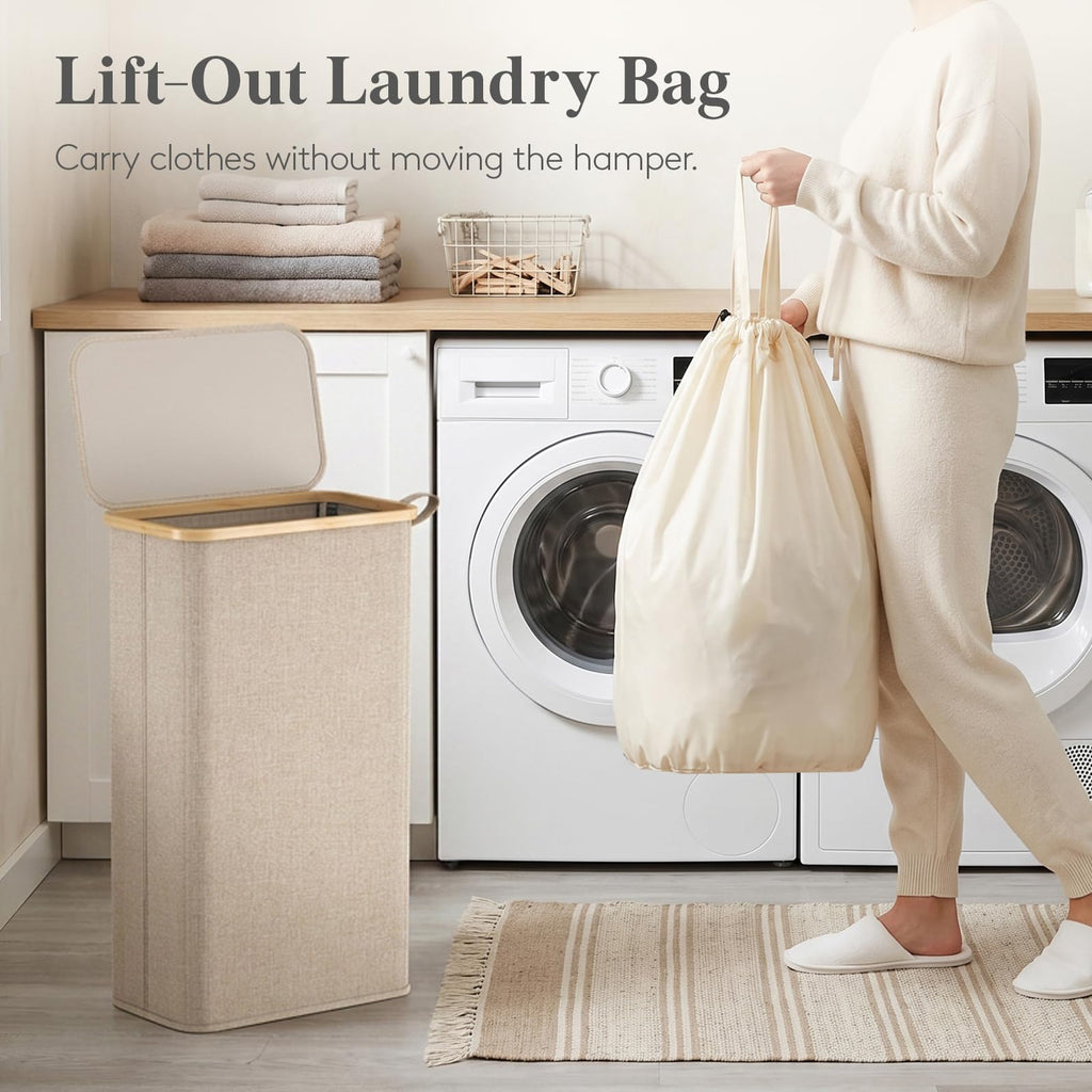 75L Slim Laundry Hamper with Lid and Removable Bag, Beige