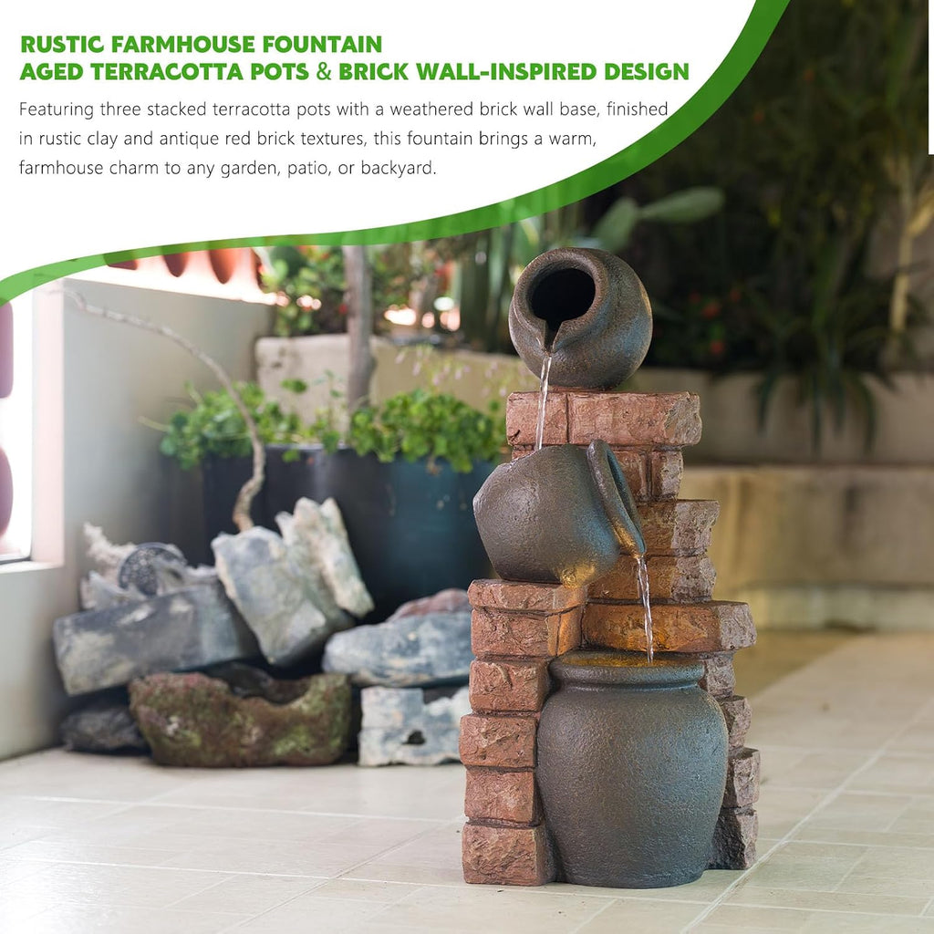 25.9" H Outdoor Water Fountain with LED Lights, Freestanding Water Feature | 3-Tier Resin Cascading Waterfall