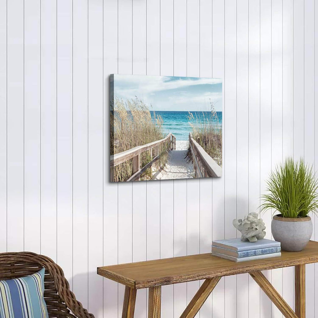 Beach Artwork Seascape Wall Art: Seaside Painting Fence Pathway Picture Print on Wrapped Canvas (24''W x 18''H