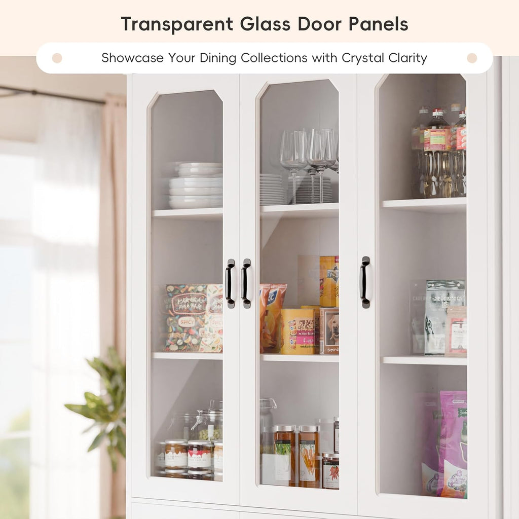 MU 78.7" Tall Kitchen Pantry with 3 Glass Doors, Freestanding China Cabinet with Adjustable Shelves, Large Kitchen
