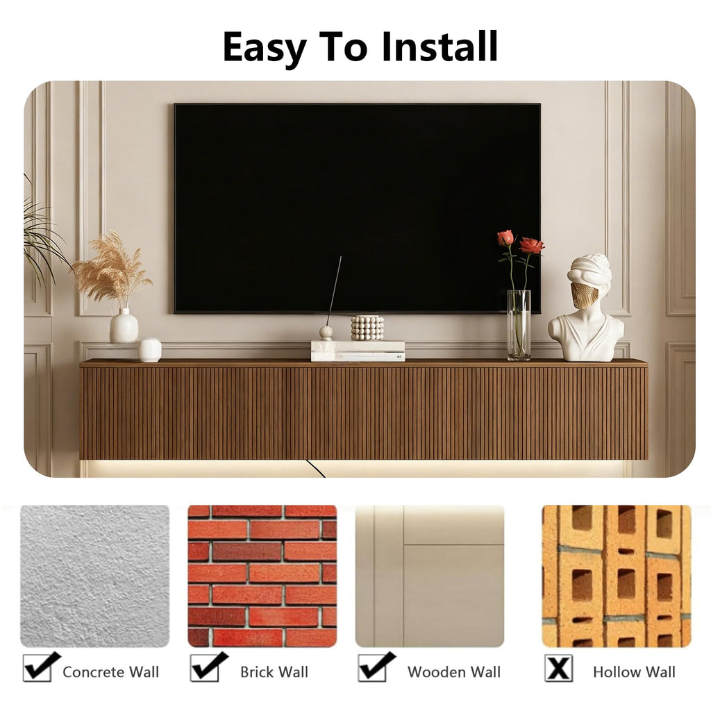 Oak Floating TV Stand, Fluted TV Console Wall Mounted, Floating Entertainment Center, Fluted TVs Cabinet Wood, Oak