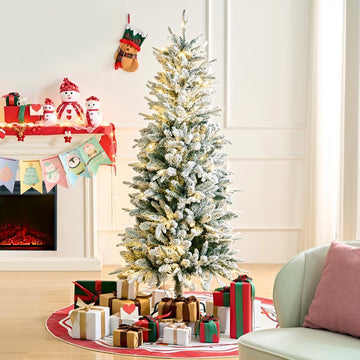 Snow Flocked Pencil Christmas Tree with Lights,Pre-Lit Artificial Xmas Tree ,Party,Holiday Decoration w/400 Warm