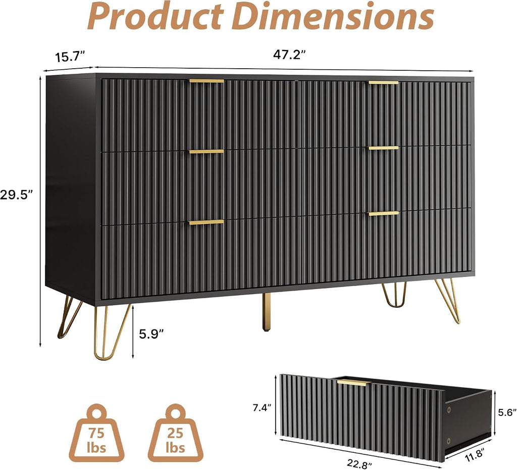 Black 6 Drawer Dresser, Fluted Dresser with Gold metal Handles