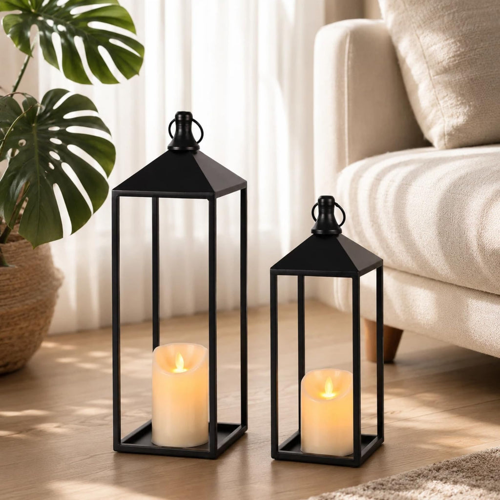Lanterns Decorative Outdoor Indoor, 17" 13" Set of 2 Black Candle Lanterns