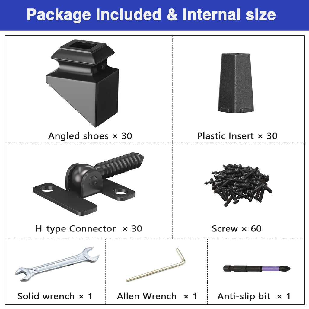 30-Pack Baluster Connectors with Angled Shoes Adjustable Height and Angle Connectors for 1/2'' Square Balusters for
