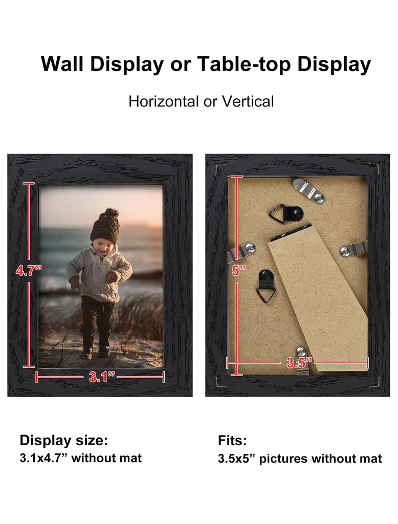 3.5x5 Picture Frame Black Wood, Solid Wood Frames with Plexiglass for Table Top and Wall Mounting, Photo Frames for
