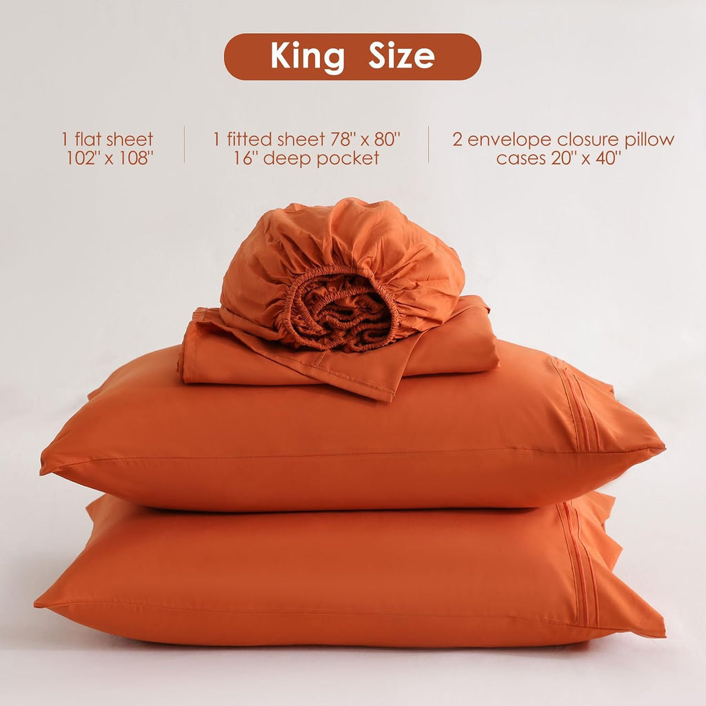 Orange King Sheet Set with Side Storage Pocket, 4 Piece Soft Microfiber Bed Sheets Deep Pocket Corner Straps