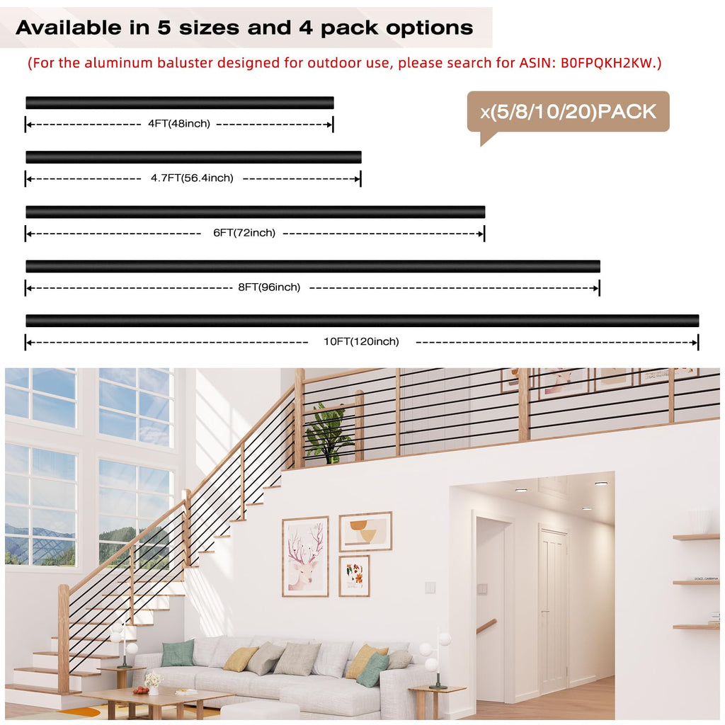 10 Pack 10 ft 5/8 Inch Round Iron Horizontal Stair Balusters, Black