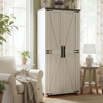Food Pantry Storage Cabinet with Led Light, 71" Tall Farmhouse Kitchen Pantry Cabinet with Adjustable Shelves, Free