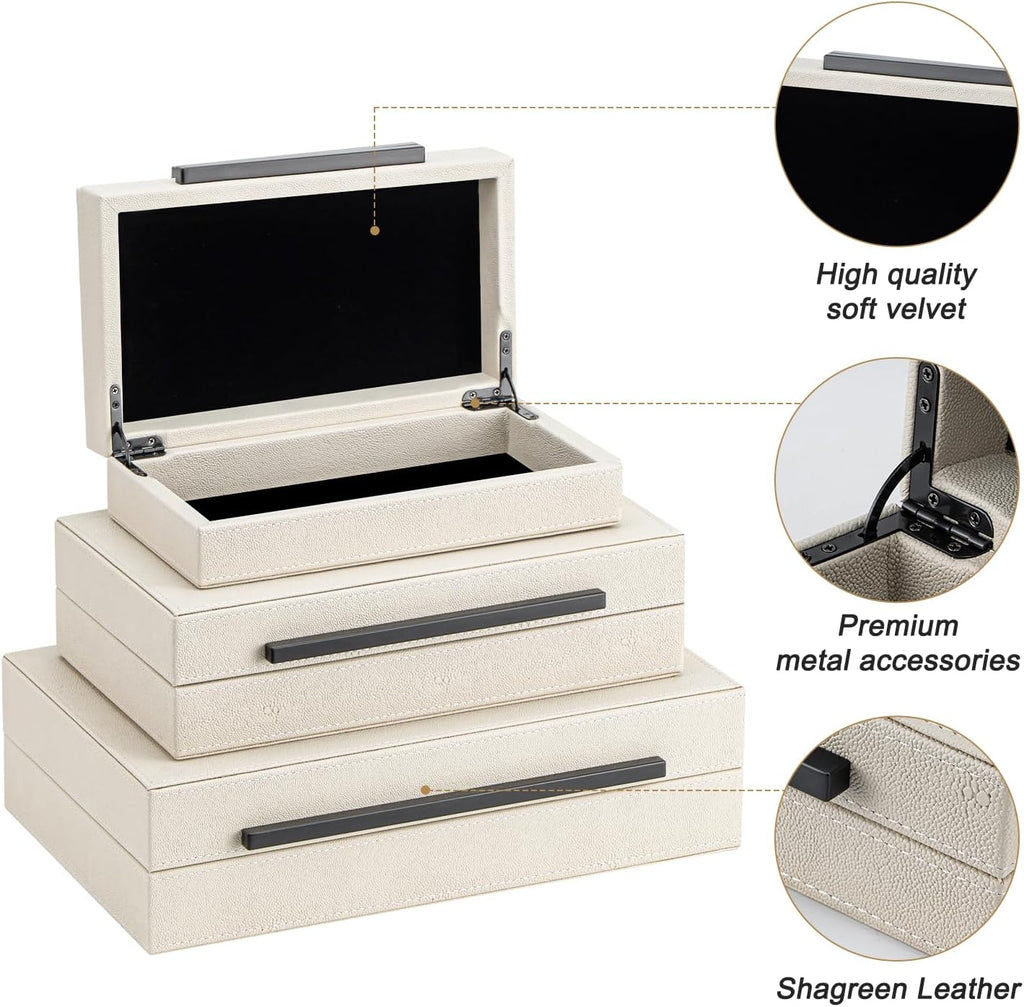 Beige Shagreen Decorative Storage Boxes with Black Metal Handles -Faux Leather Large Modern Stackable - Set of 3