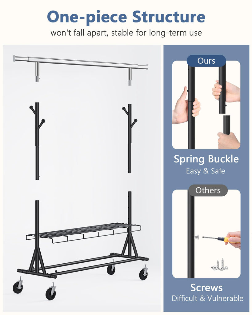 1-Minute Assembly Clothes Rack, 480 lbs Heavy Duty Rolling Clothing Racks with Wheels, Foldable Garment Rack