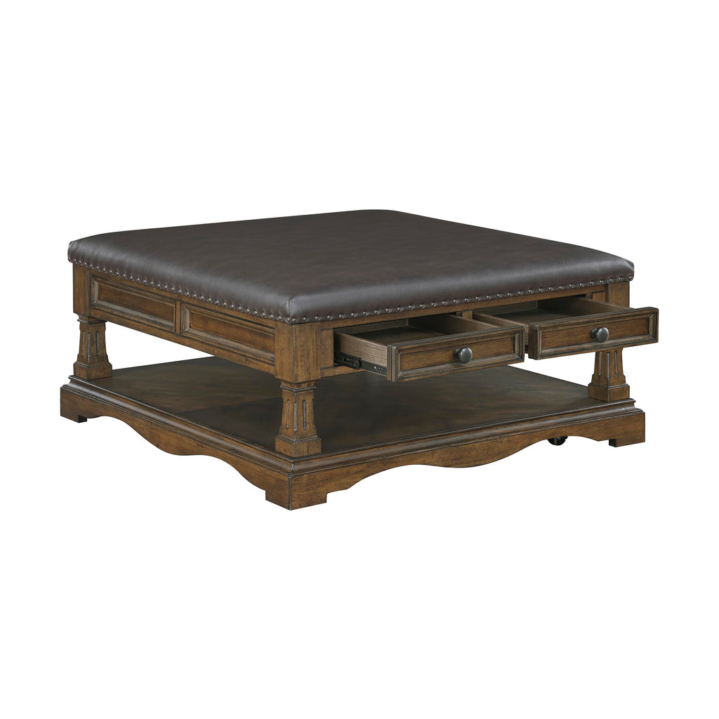 39" Square Storage Ottoman Coffee Table, Faux Leather, Brown